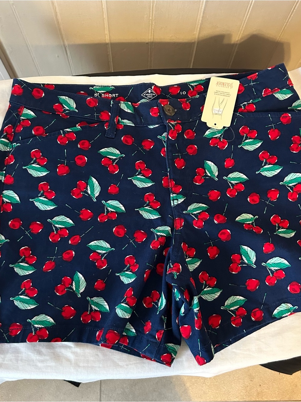 St. John's Bay Slender Secret Chino Navy/Red Cherry Print/5” Inseam/10/NWT